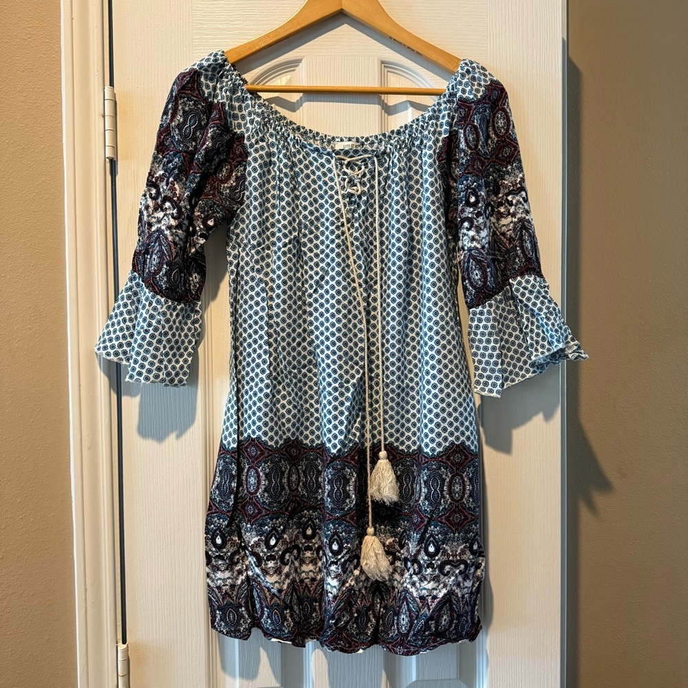 Umgee Boho Blue and Burgundy Paisley Peasant Dress from Cavenders Western Wear